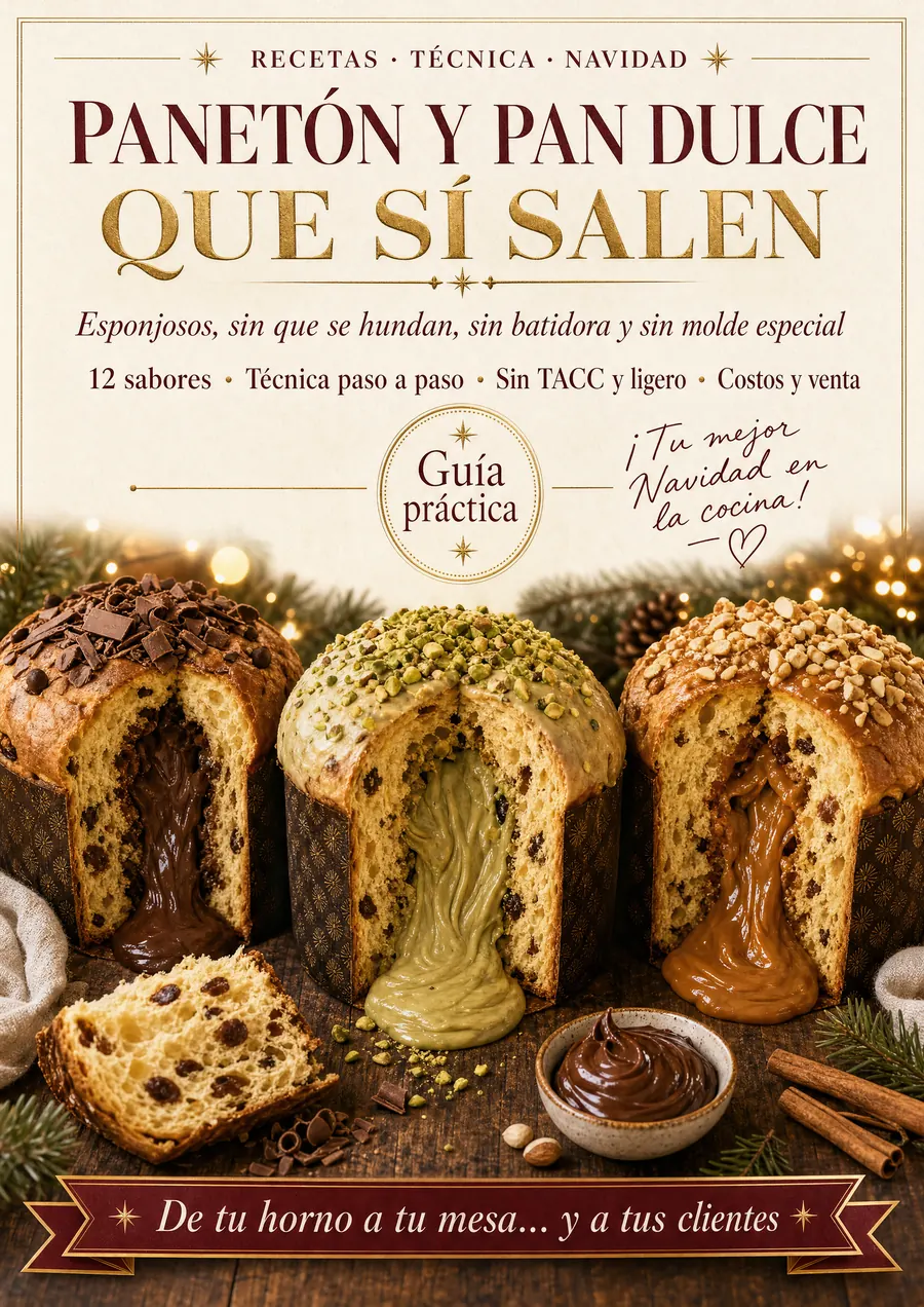 Portada de la guía Panetón y Pan Dulce que Sí Salen, con panetones rellenos cortados