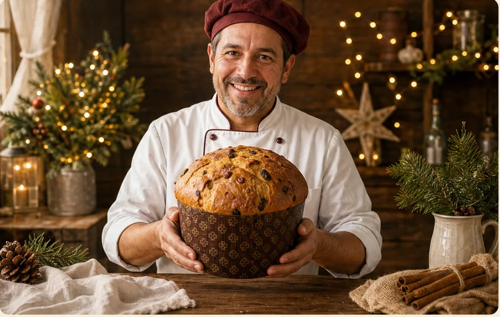 Fernando Gimenez, chef de cocina, sosteniendo un panetón recién horneado